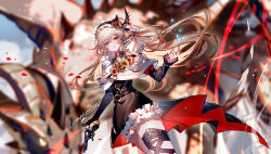 Rule 34 | 1girl, black skirt, blue eyes, capelet, commentary, commission, cowboy shot, grey hair, grin, hair ornament, hairband, highres, long hair, looking at viewer, original, red eyes, sheya, skirt, smile, solo, standing, thighs, very long hair, white capelet