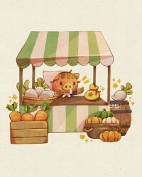 Rule 34 | 1girl, animal crossing, artist name, barrel, basket, blush, blush stickers, box, brown hair, carrot, cissyartcafe, commentary, daisy mae (animal crossing), english commentary, food, furry, furry female, head scarf, highres, market stall, money bag, nintendo, notice lines, pig girl, pumpkin, runny nose, simple background, snot, solo, sparkle, turnip, vegetable, white background, white headwear, wooden box
