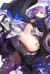 Rule 34 | 1girl, armor, armored boots, ass, blue eyes, blue ribbon, boots, closed mouth, fate/grand order, fate (series), floating hair, goomrrat, hair ribbon, highres, juliet sleeves, leg up, long hair, long sleeves, looking at viewer, meltryllis (fate), navel, puffy sleeves, purple hair, revealing clothes, ribbon, sleeves past fingers, sleeves past wrists, smile, solo, standing, standing on one leg, stomach, thighs, very long hair, white background, wide sleeves