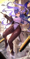 Rule 34 | 1girl, absurdres, aircraft, assault rifle, black gloves, black pantyhose, blue hair, breasts, building, bullet casing, bullpup, commission, cropped jacket, fingerless gloves, girls&#039; frontline, gloves, gun, hakusyokuto, helicopter, highres, holding, holding gun, holding weapon, iwi tavor, leotard, long hair, long sleeves, medium breasts, pantyhose, rifle, robot ears, ruins, scope, shoes, skeb commission, solo, tar-21 (girls&#039; frontline), thigh strap, weapon, white footwear, white leotard, yellow eyes