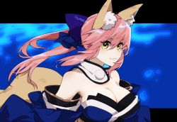 Rule 34 | 1031 (senzai 001), 1girl, animal ear fluff, animal ears, bare shoulders, blue bow, blue kimono, blue ribbon, bow, breasts, cleavage, collarbone, detached sleeves, fate/extella, fate/extra, fate/grand order, fate (series), fox ears, fox girl, fox shadow puppet, fox tail, hair ribbon, highres, japanese clothes, kimono, large breasts, looking at viewer, looking to the side, pink hair, ribbon, solo, split ponytail, tail, tamamo (fate), tamamo no mae (fate/extra), yellow eyes