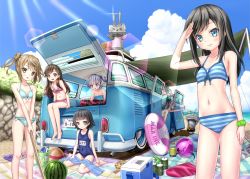 Rule 34 | 10s, 6+girls, arare (kancolle), arashio (kancolle), asashio (kancolle), assisted exposure, ball, beach, bikini, unworn bikini top, black hair, bow, bow bikini, brown hair, clothes theft, day, embarrassed, flat chest, food, front-tie top, fruit, gotou hisashi, highres, kantai collection, kasumi (kancolle), lens flare, long hair, michishio (kancolle), motor vehicle, multiple girls, name tag, oil, old school swimsuit, one-piece swimsuit, ooshio (kancolle), picnic, rensouhou-chan, school swimsuit, short hair, side ponytail, silver hair, swimsuit, swimsuit theft, theft, topless, twintails, van, vehicle, volkswagen, watermelon