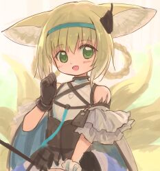 Rule 34 | 1girl, animal ear fluff, animal ears, arknights, black gloves, black skirt, blonde hair, blue cape, blue hairband, blush, braid, braided hair rings, cape, commentary request, cowboy shot, emurin, flat chest, fox ears, fox girl, fox tail, gloves, green eyes, hair rings, hairband, highres, kitsune, kyuubi, looking at viewer, multiple tails, open mouth, shirt, skirt, sleeveless, sleeveless shirt, smile, solo, suzuran (arknights), tail, white shirt