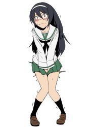 Rule 34 | 1girl, between legs, black hair, black neckerchief, black socks, blouse, blush, brown eyes, brown footwear, closed mouth, commentary, constricted pupils, frown, full body, girls und panzer, green skirt, hairband, hand between legs, have to pee, knees together feet apart, loafers, long hair, long sleeves, looking at viewer, miniskirt, neckerchief, onsen tamago (hs egg), ooarai school uniform, pleated skirt, reizei mako, school uniform, serafuku, shirt, shoes, simple background, skirt, socks, solo, standing, sweat, tearing up, trembling, v-shaped eyebrows, white background, white hairband, white shirt