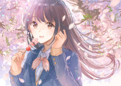 Rule 34 | 1girl, black hair, brown eyes, candy, cherry blossoms, eyebrows hidden by hair, food, highres, holding, holding candy, holding food, long hair, looking at viewer, mochitsuki usa, open mouth, original, petals, school uniform, smile, solo, spring (season), upper body, wind