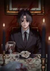 Rule 34 | 1boy, absurdres, black eyes, black hair, blood, blood on wall, candle, chrollo lucilfer, commentary request, cup, drinking glass, earrings, fork, formal, highres, hunter x hunter, indoors, jewelry, knife, looking at viewer, male focus, necktie, shirt, short hair, sitting, smnsutycoc, solo, suit, table, white shirt, wine glass
