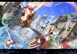 Rule 34 | 6+girls, :d, armlet, bikini, bikini top only, bracelet, braid, bridge, building, canal, child, crescent moon, day, dress, dutch angle, gondola, hat, head scarf, jewelry, jumping, letterboxed, long tail, looking at viewer, mermaid, miyai haruki, monster girl, moon, multiple girls, oar, open mouth, original, outdoors, partially submerged, plant, road sign, see-through, side braid, sign, sky, smile, swimsuit, tail, thighhighs, tower, upside-down, vines, water, zettai ryouiki