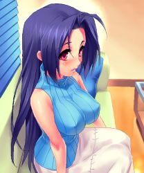 Rule 34 | 1girl, bare shoulders, blush, breasts, couch, covered erect nipples, idolmaster, idolmaster (classic), large breasts, long hair, miura azusa, pillow, purple hair, red eyes, sitting, sleeveless, sleeveless turtleneck, solo, sweater, turtleneck, zen