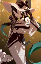 Rule 34 | 1girl, absurdres, bare shoulders, black bow, bow, closed eyes, commentary, creatures (company), dark miku (project voltage), dress, elbow gloves, game freak, gloves, hand on headwear, hat, hatsune miku, highres, long hair, long sleeves, luxury ball, microphone, multicolored hair, nintendo, poke ball, pokemon, project voltage, red circle, signature, solo, symbol-only commentary, very long hair, vocaloid, watermark, yun-yang