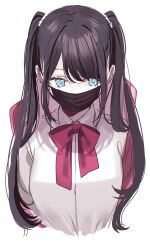 Rule 34 | 1girl, black hair, blue eyes, bow, bowtie, collared shirt, colored inner hair, covered mouth, highres, kaga nazuna, long hair, lupinus virtual games, mask, misumi (macaroni), mouth mask, multicolored hair, pink hair, red bow, red bowtie, shirt, sidelocks, simple background, sketch, solo, twintails, virtual youtuber, vspo!, white background, white shirt