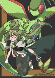 Rule 34 | 1girl, aira (exp), bandaged arm, bandages, cape, claws, commentary, creatures (company), crocs, crop top, double bun, dragon, flygon, game freak, gen 3 pokemon, gloves, great ball, green hair, ground miku (project voltage), hair between eyes, hair bun, hatsune miku, highres, holding, holding poke ball, long hair, looking to the side, midriff, nintendo, orange eyes, pants, poke ball, pokemon, pokemon (creature), project voltage, single glove, twintails, twitter username, very long hair, vocaloid, white gloves, yellow eyes
