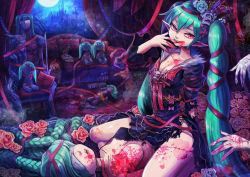 Rule 34 | alternate costume, aqua hair, blood, breasts, cleavage, corpse, death, deka-nabe, doll, dress, flower, hairband, hatsune miku, licking lips, long hair, no nipples, pointy ears, rose, skull, stitches, tattoo, tongue, tongue out, twintails, vampire, very long hair, vocaloid