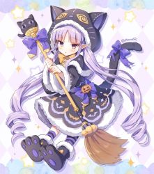 Rule 34 | 1girl, :t, animal ears, animal hood, asymmetrical legwear, bell, black capelet, black footwear, black jacket, black skirt, blush, bow, broom, brown bow, brown eyes, capelet, cat ears, cat girl, cat hood, cat tail, closed mouth, commentary request, fake animal ears, full body, fur-trimmed capelet, fur-trimmed footwear, fur-trimmed hood, fur-trimmed skirt, fur-trimmed sleeves, fur trim, holding, holding broom, hood, hood up, hooded capelet, jacket, jingle bell, kyoka (halloween) (princess connect!), kyoka (princess connect!), long hair, long sleeves, looking at viewer, low twintails, mauve, parted bangs, paw shoes, pointy ears, pout, princess connect!, purple bow, purple hair, ringlets, shoe soles, shoes, sidelocks, single sock, single thighhigh, skirt, socks, solo, star (symbol), striped clothes, striped socks, tail, tail bow, tail ornament, tears, thighhighs, twintails, twitter username, uneven legwear, very long hair, wide sleeves
