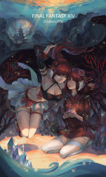 Rule 34 | 2girls, au ra, bandeau, blue eyes, breasts, cleavage, crystal, detached sleeves, dragon horns, dragon tail, final fantasy, final fantasy xiv, flower, hair flower, hair ornament, halterneck, highres, hisui (ff14), horns, kneeling, kurenai (ff14), long hair, looking at another, multiple girls, nail polish, open mouth, ponytail, red hair, sandals, scales, skirt, sky, star (sky), starry sky, tail, thigh strap, thighhighs, tuanzi miao
