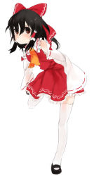 Rule 34 | 1girl, black hair, brown eyes, detached sleeves, female focus, full body, hakurei reimu, imperishable night, japanese clothes, miko, mokeo, simple background, solo, thighhighs, touhou, white background, white thighhighs