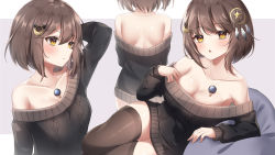Rule 34 | 1girl, back, bags under eyes, bare shoulders, black thighhighs, breasts, brown eyes, brown hair, cleavage, collarbone, dress, feather hair ornament, feathers, hair between eyes, hair ornament, highres, large breasts, long sleeves, off shoulder, open mouth, original, short hair, skindentation, star (symbol), star hair ornament, sweater, sweater dress, thighhighs, thighs, umou (may65879), zettai ryouiki