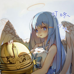 Rule 34 | 1girl, absurdres, angel wings, bell, bell earrings, bellringer angel, blue bow, blue eyes, blue hair, bow, dress, earrings, feathered wings, hair ornament, hairclip, halo, halterneck, highres, jewelry, long hair, outdoors, shadowverse, solo, tomori-san (pixiv 7519735), upper body, white wings, wings
