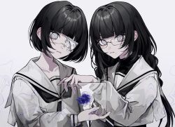 Rule 34 | 2girls, 402 (o0 xxx), bandage over one eye, bandages, black hair, black undershirt, blunt bangs, bob cut, closed mouth, commentary, constricted pupils, dress shirt, expressionless, eyepatch, fish, glass, glasses, goldfish, hair strand, highres, holding, long hair, long sleeves, looking at viewer, messy hair, mole, mole under mouth, multiple girls, original, sailor collar, school uniform, serafuku, shirt, short hair, squiggle, staring, symbol-only commentary, turtleneck, upper body, wavy hair, white background, white eyes, white sailor collar, white serafuku, white shirt