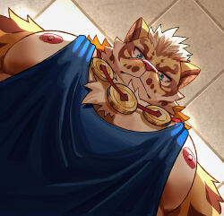 Rule 34 | 1boy, absurdres, animal ears, artist request, bara, blue eyes, blue tank top, chest tuft, foreshortening, from below, furry, furry male, highres, large pectorals, light frown, lin hu (nekojishi), looking at viewer, looking down, male focus, meme, muscular, muscular male, nekojishi, nipple slip, nipples, orange fur, pectoral focus, pectorals, second-party source, short hair, sidepec, solo, stomach, tank top, tiger boy, tiger ears, tiger stripes, white fur, yur oc like this (meme)