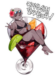 Rule 34 | 1girl, absurdres, bad id, bad pixiv id, barefoot, bikini, black bikini, boridongja, bracelet, choker, cocktail glass, colored skin, cup, dark-skinned female, dark skin, drill hair, drinking glass, female focus, flower, food, fruit, grey hair, hair flower, hair ornament, highres, in container, in cup, jewelry, leaf, lime (fruit), lime slice, mini person, minigirl, navel, orange (fruit), orange slice, original, partially submerged, pointy ears, red eyes, red flower, shadow, simple background, smile, solo, strawberry, swimsuit, w, white background