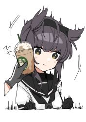 Rule 34 | 1girl, bodysuit, brown eyes, brown hair, closed mouth, cup, disembodied hand, drinking straw, food, food on face, frappuccino, gloves, hair horns, hatsuzuki (kancolle), headband, highres, holding, holding cup, kantai collection, sayuwan, school uniform, serafuku, simple background, solo, starbucks, surprised, white background