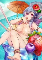 Rule 34 | 1girl, anklet, bad id, bad pixiv id, barefoot, bikini, blue hair, blueberry, bracelet, breasts, cherry, cleavage, cocktail umbrella, cup, day, drink, drinking straw, floral print, flower, food, fruit, hair flower, hair ornament, hair ribbon, heart, heart hair ornament, hibiscus, high ponytail, highres, horizon, ice cream, in container, in cup, jewelry, large breasts, lens flare, linus falco, long hair, looking at viewer, lots of jewelry, mini person, minigirl, mouth hold, ocean, partially submerged, polka dot, polka dot bikini, polka dot swimsuit, ponytail, purple eyes, ribbon, sicon, signature, sky, solo, strawberry, sunlight, swimsuit, sword girls, toes, tress ribbon, umbrella, water