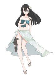Rule 34 | 1girl, bare shoulders, bikini, bikini skirt, black hair, blue eyes, clipboard, collarbone, commentary, commentary request, full body, highres, holding, holding clipboard, kantai collection, midriff, navel, neve (morris-minicooper), official alternate costume, ooyodo (kancolle), partial commentary, sandals, semi-rimless eyewear, simple background, smile, solo, swimsuit, turret, under-rim eyewear, white background