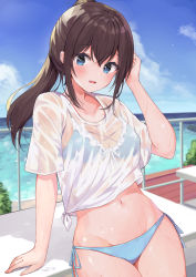 Rule 34 | 1girl, absurdres, arm support, bikini, bikini under clothes, black hair, blue bikini, blue eyes, blue sky, blush, breasts, cloud, collarbone, commentary request, day, fang, groin, hair between eyes, hand up, highres, horizon, long hair, looking at viewer, medium breasts, nail polish, navel, ocean, original, outdoors, parted lips, pink nails, ponytail, racchi., see-through, shirt, short sleeves, side-tie bikini bottom, sky, solo, swimsuit, tied shirt, water, wet, wet clothes, wet shirt, white shirt