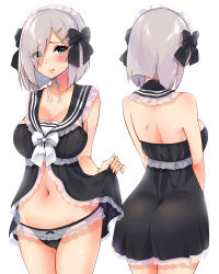 Rule 34 | 1girl, absurdres, alternate costume, ass, black dress, black panties, blue eyes, blush, breasts, clothes lift, collarbone, cowboy shot, dress, dress lift, embarrassed, enmaided, frilled panties, frills, from behind, hair ornament, hair over one eye, hairclip, hamakaze (kancolle), highres, impossible clothes, kantai collection, large breasts, looking at viewer, maid, multiple views, navel, panties, sailor collar, sarfata, short hair, silver hair, simple background, underwear, upper body, white background