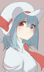 Rule 34 | 1girl, absurdres, ascot, blue hair, blush, brooch, collared shirt, hat, hat ribbon, highres, jewelry, looking at viewer, mob cap, portrait, red ascot, red eyes, red ribbon, remilia scarlet, ribbon, shirt, simple background, sketch, slit pupils, solo, sotatsudraw, touhou, white shirt