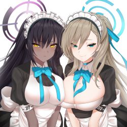 Rule 34 | 2girls, absurdres, asuna (blue archive), bad id, bad pixiv id, black hair, blue archive, blue eyes, blue ribbon, braid, breasts, cleavage, dark-skinned female, dark skin, hair between eyes, hair ribbon, halo, highres, huge breasts, karin (blue archive), kbn317, large breasts, light brown hair, long hair, maid headdress, mole, mole on breast, multiple girls, ribbon, short sleeves, simple background, standing, very long hair, white background, yellow eyes