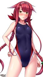 Rule 34 | 1girl, artist name, asymmetrical bangs, black one-piece swimsuit, blush, braid, collarbone, competition swimsuit, covered navel, cowboy shot, dated, flat chest, gluteal fold, hair flaps, hair ribbon, hairband, hand on own hip, highres, kantai collection, kawakaze (kancolle), kawakaze kai ni (kancolle), long hair, looking at viewer, low twintails, one-piece swimsuit, red hair, ribbon, sidelocks, simple background, solo, standing, swimsuit, tsuchimiya, twin braids, twintails, very long hair, white background, yellow eyes
