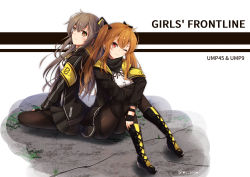 Rule 34 | 2girls, armband, artist name, back-to-back, brown eyes, brown hair, character name, girls&#039; frontline, gloves, highres, long hair, looking at viewer, multiple girls, one eye closed, pantyhose, red eyes, scar, scar across eye, scar on face, siblings, sisters, skirt, smile, twins, twintails, twitter username, ump45 (girls&#039; frontline), ump9 (girls&#039; frontline), ws snow