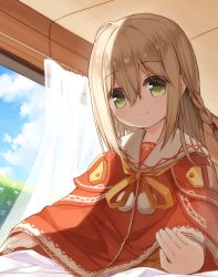 Rule 34 | 1girl, braid, brown ribbon, capelet, closed mouth, curtains, day, green eyes, hair between eyes, hair ornament, light brown hair, long hair, long sleeves, looking at viewer, neck ribbon, orange capelet, original, pom pom (clothes), ribbon, smile, solo, yuuhagi (amaretto-no-natsu)