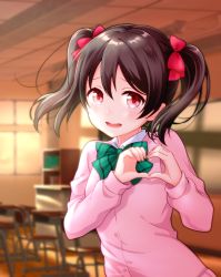 Rule 34 | 1girl, black hair, blush, bow, bowtie, classroom, green bow, green bowtie, hair ribbon, hirako, indoors, looking at viewer, love live!, love live! school idol project, open mouth, red eyes, red ribbon, ribbon, short hair, solo, striped bow, striped bowtie, striped clothes, striped neckwear, twintails, yazawa nico