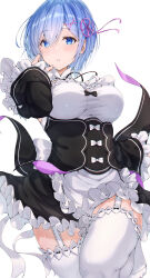 Rule 34 | 1girl, absurdres, blue eyes, blue hair, blush, breasts, garter straps, hair ornament, hairclip, highres, large breasts, looking at viewer, maid, meen (ouaughikepdvrsf), parted lips, re:zero kara hajimeru isekai seikatsu, rem (re:zero), ribbon, roswaal mansion maid uniform, short hair, simple background, solo, thighhighs, white background