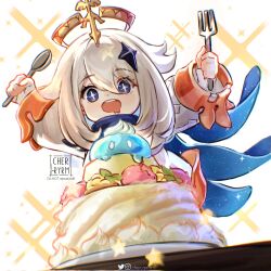 Rule 34 | 1girl, black scarf, blue eyes, cake, dress, drooling, food, fork, genshin impact, hair ornament, halo, highres, holding, holding fork, holding spoon, looking at viewer, mechanical halo, open mouth, paimon (genshin impact), ryrmcher, scarf, short hair with long locks, slime (genshin impact), solo, spoon, teeth, upper teeth only, white dress, white hair