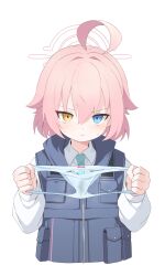 Rule 34 | absurdres, ahoge, blue archive, blue eyes, blue necktie, blue vest, blush, bulletproof vest, collared shirt, commentary, foreclosure task force (blue archive), halo, heterochromia, highres, holding, holding clothes, holding panties, holding underwear, hoshino (blue archive), hoshino (young) (blue archive), huge ahoge, looking at viewer, necktie, panties, pink hair, pink halo, quel (quel1111), shirt, stained panties, sweat, symbol-only commentary, underwear, utility vest, vest, yellow eyes