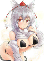 Rule 34 | 1girl, animal ear fluff, animal ears, bare shoulders, bikini, black bikini, blush, breasts, clothes lift, commentary request, cowboy shot, detached sleeves, hair between eyes, hand up, hat, inubashiri momiji, large breasts, leaning forward, long sleeves, looking at viewer, pom pom (clothes), red eyes, shirt, shirt lift, short hair, side-tie bikini bottom, silver hair, solo, standing, stomach, swimsuit, thighs, tokin hat, touhou, white background, white shirt, wide sleeves, wolf ears, y2