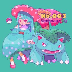 Rule 34 | 1girl, anklet, aqua hair, character name, creatures (company), dress, english text, fang, flower, full body, game freak, gen 1 pokemon, hand up, hat, invisible chair, jewelry, leaf, long hair, long sleeves, looking at viewer, moemon, narumame, nintendo, open mouth, personification, poke ball, poke ball (basic), pokedex number, pokemon, pokemon (creature), polka dot, puffy sleeves, red eyes, red footwear, red hat, shoes, simple background, sitting, smile, venusaur