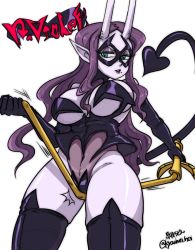 Rule 34 | 1girl, blue eyes, breasts, character name, colored skin, cowboy shot, d. violet (skullgirls), demon tail, domino mask, elbow gloves, gloves, horns, kyouhei hei, large breasts, leotard, lipstick, long hair, looking down, makeup, mask, navel, oni horns, pointy ears, purple hair, purple lips, purple skin, revealing clothes, see-through, skullgirls, solo, tail, thighhighs, whip, white background