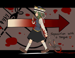 Rule 34 | 1girl, arrow (symbol), black skirt, blood, blood on clothes, blood on face, blood on hands, blood splatter, blue vest, brown footwear, closed eyes, closed mouth, commentary request, cut-here line, english text, epaulettes, flat chest, frilled hat, frills, full body, green hair, grey hat, hair between eyes, hat, highres, holding, holding pliers, kuri dora, loafers, long bangs, long sleeves, pliers, profile, rod of remorse, shiki eiki, shirt, shoes, short hair, skirt, smile, socks, solo, touhou, vest, walking, white shirt, white socks