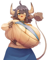 Rule 34 | 1girl, absurdres, adjusting clothes, animal ears, bare shoulders, black hair, blue eyes, borrowed character, breasts, cleavage, cleavage cutout, clothing cutout, cow ears, cow girl, cow horns, cow tail, eyepatch, gigantic breasts, highres, horns, looking at viewer, medium hair, monster girl, naze, original, revealing clothes, solo, sweater, tail, upper body, white background