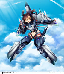 Rule 34 | :o, blue eyes, brown hair, bsapricot, cloud, day, de havilland sea vixen, fingerless gloves, flying, gloves, goggles, headset, jet engine, mecha musume, midriff, military, open mouth, personification, rocket, sky, solo, thighhighs, twintails, wings, zettai ryouiki