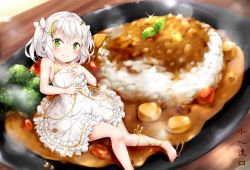 Rule 34 | 1girl, bare shoulders, barefoot, blush, broccoli, curry, dress, food, frilled dress, frills, full body, green eyes, highres, ikasoke (likerm6au), in food, knees together feet apart, leg ribbon, looking at viewer, mini person, minigirl, personification, plate, ribbon, rice, short twintails, sitting, sitting on food, solo, twintails, white dress, white hair, yellow ribbon
