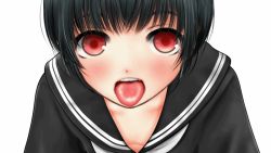 Rule 34 | 1girl, animated, black hair, face, female focus, looking at viewer, open mouth, red eyes, simple background, solo, tongue, tongue out