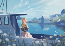 Rule 34 | 1girl, blonde hair, blue eyes, blue sky, building, cloud, commission, day, dress, flower, hair ribbon, harucoro25, holding, holding flower, house, lake, looking at viewer, outdoors, pixiv commission, red ribbon, reflection, reflective water, ribbon, sky, solo, sunflower, violet evergarden, violet evergarden (series), water, white dress