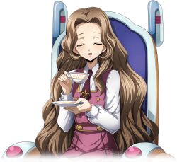 Rule 34 | 1girl, artist request, blush, brown hair, buttons, child, closed eyes, code geass, code geass: lost stories, collared shirt, cup, double-breasted, dress, drink, facing viewer, female focus, flat chest, forehead, game cg, hair intakes, hands up, happy, holding, holding cup, holding drink, holding plate, light blush, long hair, long sleeves, looking at viewer, necktie, non-web source, nunnally vi britannia, official art, on chair, open mouth, pinafore dress, plate, purple dress, purple necktie, saucer, school uniform, shirt, sidelocks, simple background, sitting, sleeveless, sleeveless dress, smile, solo, tea, teacup, transparent background, u u, very long hair, wheelchair, white shirt
