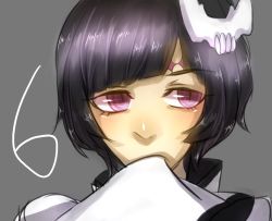 Rule 34 | 1boy, arrancar, black hair, bleach, blush, covering own mouth, grey background, hand over own mouth, long sleeves, luppi antenor, male focus, purple eyes, short hair, shueisha, sideways glance, simple background, slit pupils, solo