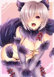 Rule 34 | 1girl, animal costume, animal ears, bare shoulders, bow, breasts, cleavage, elbow gloves, eyebrows, fang, fate/grand order, fate (series), fujisaki (fuzifuziko), fur trim, gloves, hair over one eye, halloween costume, highres, lace, lace-trimmed legwear, lace trim, leaning forward, looking at viewer, mash kyrielight, mash kyrielight (dangerous beast), medium breasts, o-ring, official alternate costume, open mouth, purple eyes, purple hair, red bow, revealing clothes, shiny skin, short hair, solo, tail, thighhighs, tongue, underboob, v arms, wolf ears, wolf tail